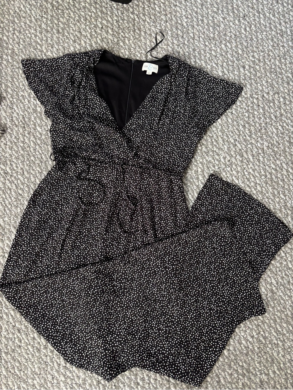 Black Polka Dot V-Neck Jumpsuit - Classic Tie-Waist